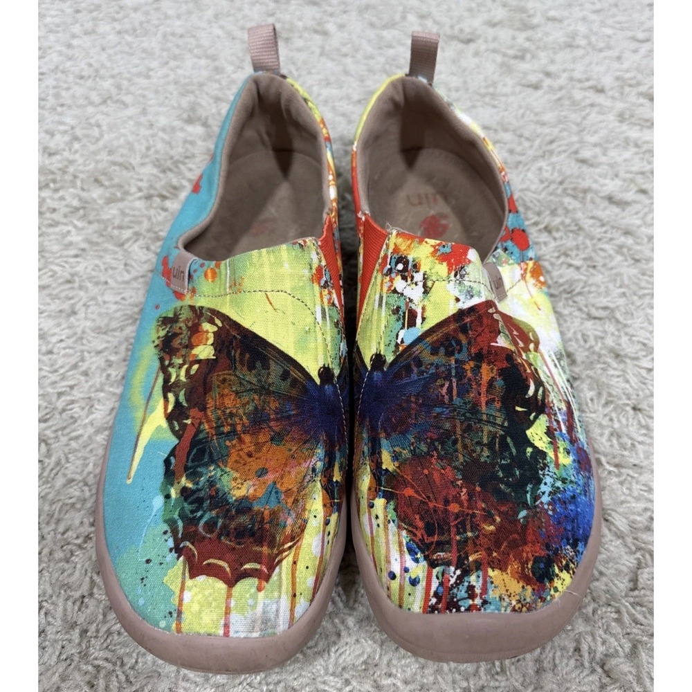 UIN Toledo Mottled Butterfly Canvas Shoes Comfort Artsy Easy Slip On Loafers 7.5